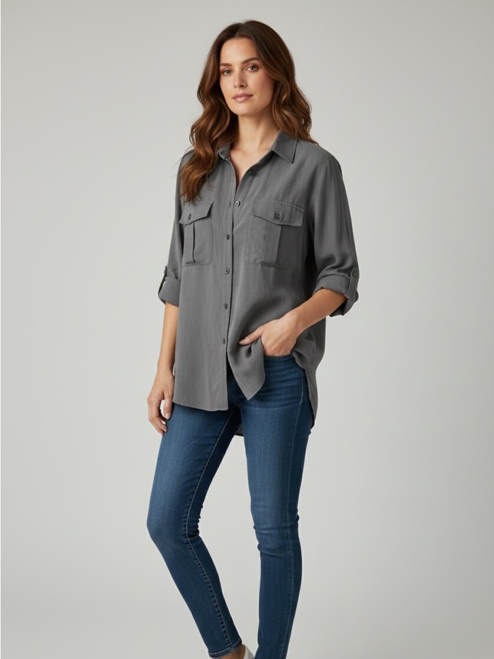 Chicos Women’s Size XL (3) Long Roll Tab Sleeve Solid Gray Button Down Shirt